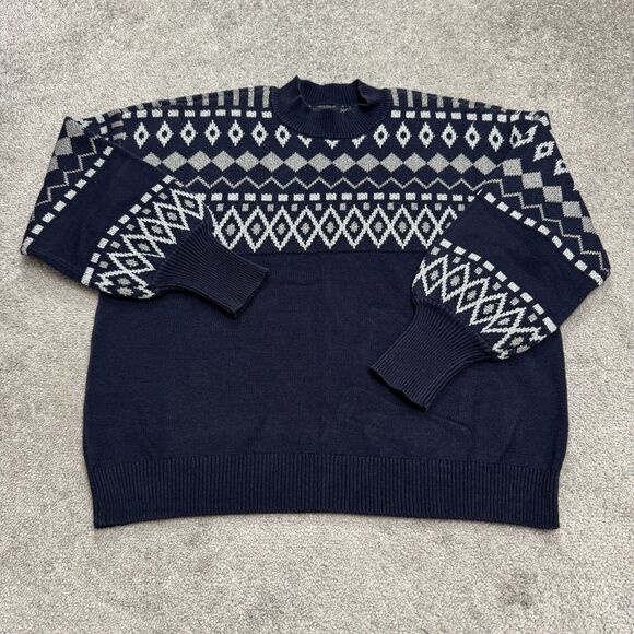 Ann Taylor Fair Isle Metallic Pullover Sweater Womens XL Navy Silver Mock Neck - Picture 1 of 13